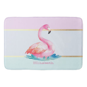 Modern Pastel Striped,Pink Flamingos Bath Mat