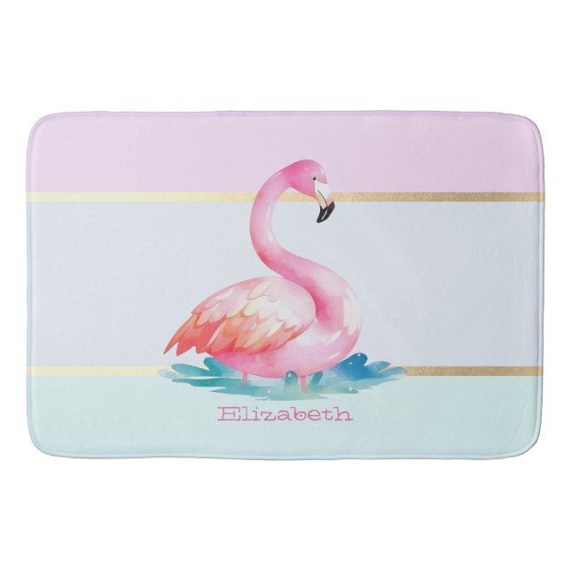 Modern Pastel Striped,Pink Flamingos  Bath Mat (Front)