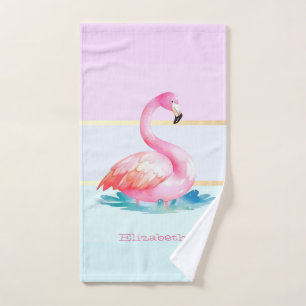 Modern Pastel Striped,Pink Flamingos Bath Towel Set