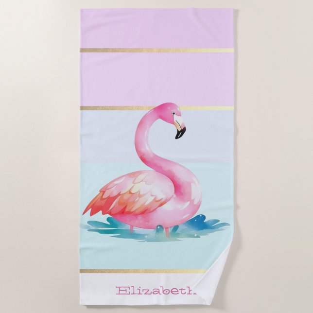 Modern Pastel Striped,Pink Flamingos  Beach Towel (Front)