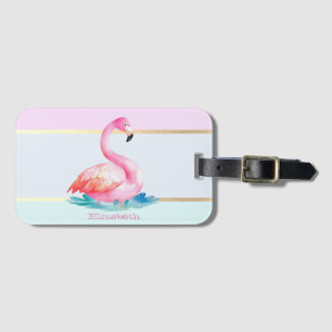 Modern Pastel Striped,Pink Flamingos  Luggage Tag