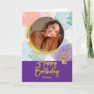 Modern Pastel Sweet 16 Photo & Name Birthday Card