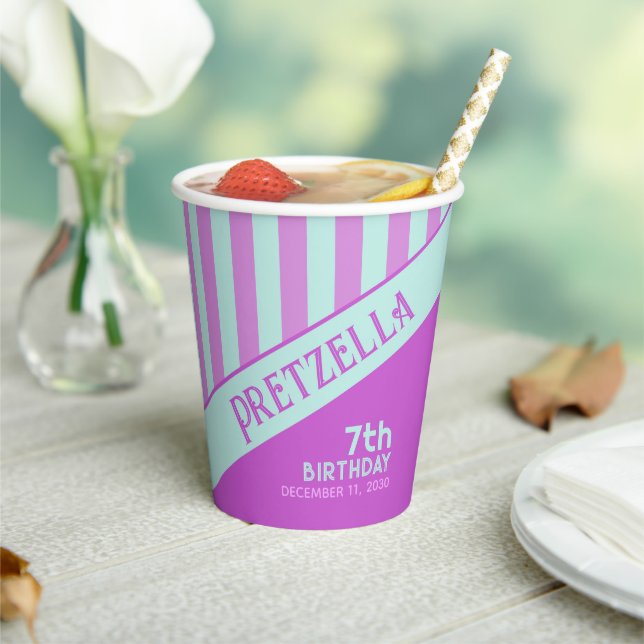 Modern Pastel Teal Pink Stripes Paper Cup (Insitu)