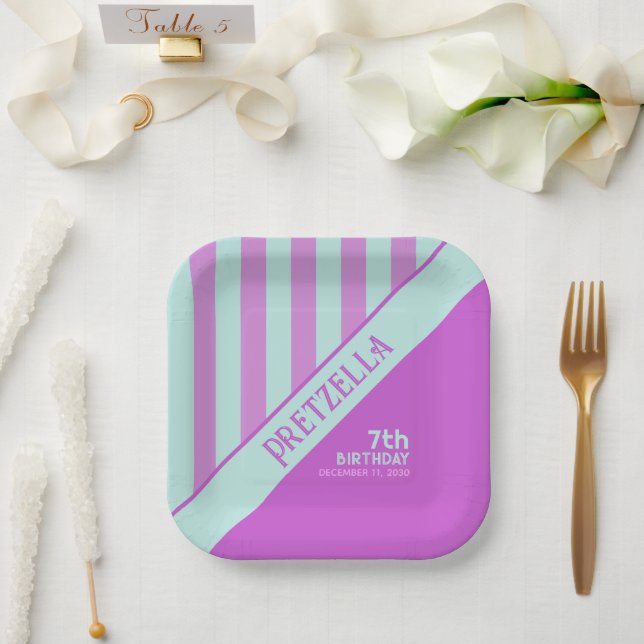 Modern Pastel Teal Pink Stripes Paper Plate (Wedding)