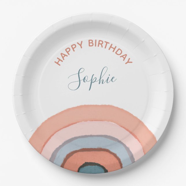 Modern Pastel Watercolor Rainbow Kids Birthday Paper Plate (Front)