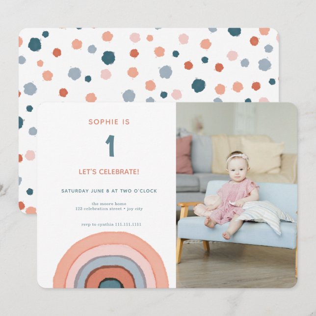 Modern Pastel Watercolor Rainbow Photo Birthday In Invitation (Front/Back)