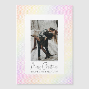 Modern Pastel Wavy Guilloché Couple Photo Xmas Magnetic Invitation