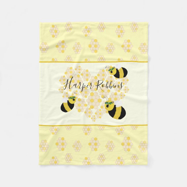 Modern Pastel Yellow Bumble Bees Honeycomb Heart Fleece Blanket (Front)