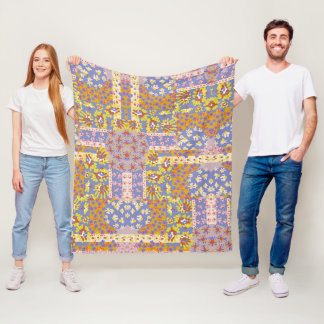 Modern Patchwork Daisy Flowers on Periwinkle Fleece Blanket