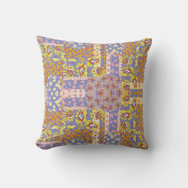 Modern Patchwork Daisy Flowers on Periwinkle Throw Pillow (Front)