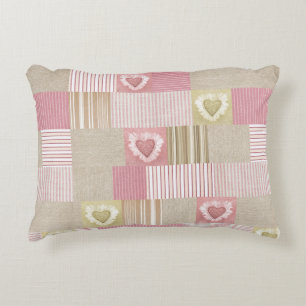 Modern Patchwork Quilt Striped Pink Beige Hearts Accent Pillow