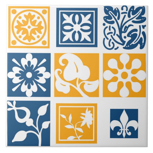 Modern, patchwork, white,navy blue, mustard yellow tile (Front)