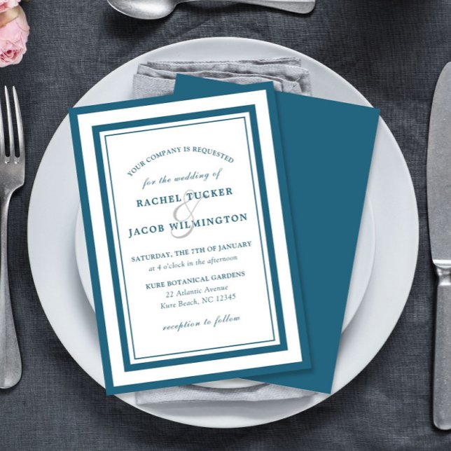 Modern Patina Blue & White Border Simple Wedding Invitation (Creator Uploaded)