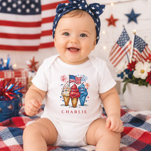 Modern Patriotic Ice Cream Trio Personalized Baby  Bodysuit