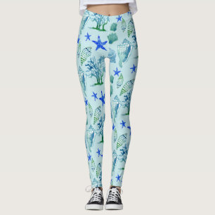 Modern Pattern Beach Seashell Shell Coral Starfish Leggings