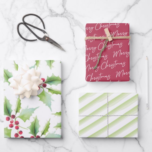 Modern Pattern Botanical Christmas Watercolor Wrapping Paper Sheet (Front)