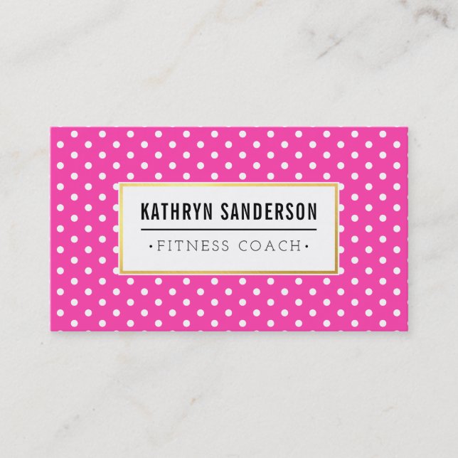 MODERN PATTERN gold logo polka dot hot pink white Business Card (Front)