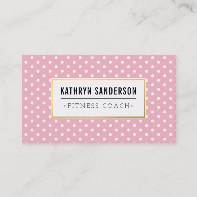 MODERN PATTERN gold logo polka dot pink white Business Card (Front)