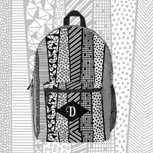 Modern pattern in black and white, Monogram Printed Backpack