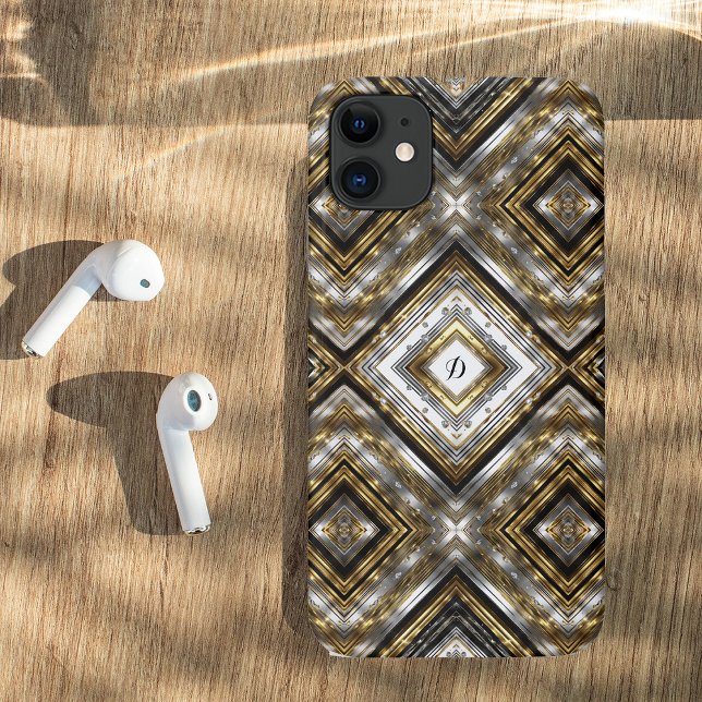 Modern pattern in silver, gold and black, monogram Case-Mate iPhone case (Creator Uploaded)