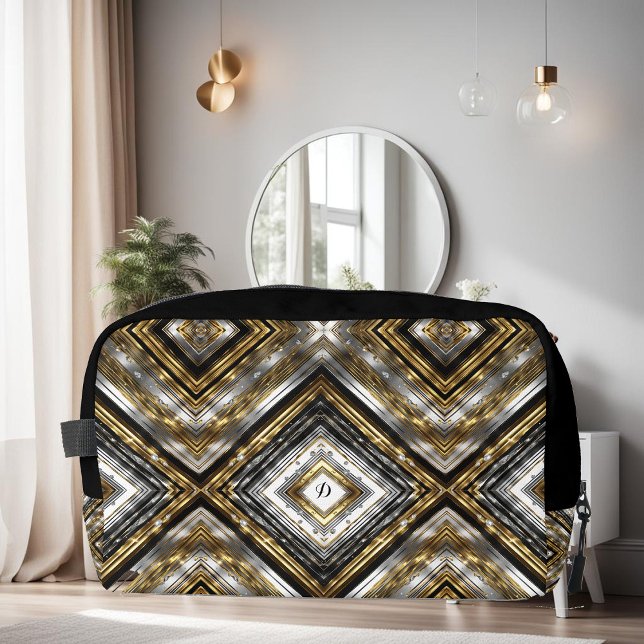 Modern pattern in silver, gold and black, monogram dopp kit (Creator Uploaded)