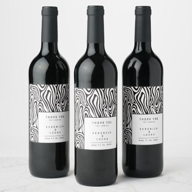 Modern Pattern Monochrome Wedding Wine Label (Bottles)