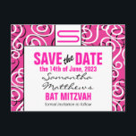 Modern Pattern Monogram Bat Mitzvah Save the Date Announcement Postcard<br><div class="desc">Modern styling with vibrant pink,  black and white featuring your initial at the top.  Just personalize with your details for a trendy and stylish announcement.</div>