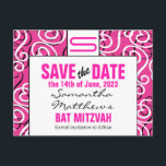 Modern Pattern Monogram Bat Mitzvah Save the Date Announcement Postcard<br><div class="desc">Modern styling with vibrant pink,  black and white featuring your initial at the top.  Just personalize with your details for a trendy and stylish announcement.</div>