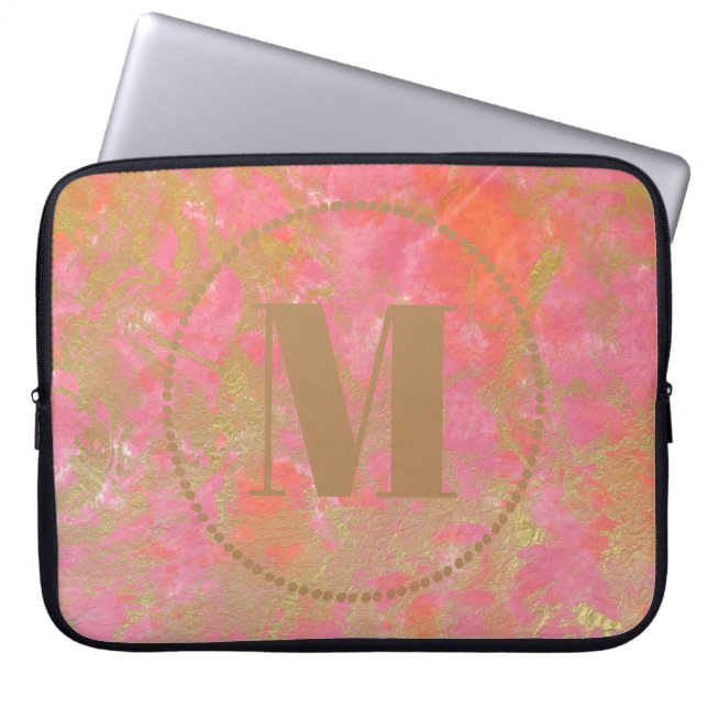 Modern Pattern Monogram Your Name Pink Marble Gold Laptop Sleeve (Front)
