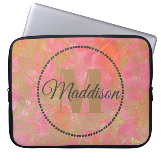 Modern Pattern Monogram Your Name Pink Marble Gold Laptop Sleeve (Front)