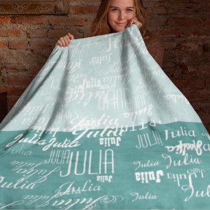 modern pattern of names on teal blue fleece blanket
