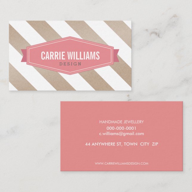 MODERN PATTERN striped coral retro eco Kraft Business Card (Front/Back)