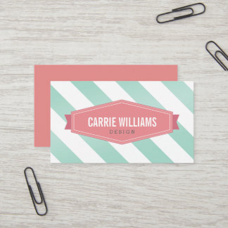 MODERN PATTERN striped coral retro logo mint Business Card