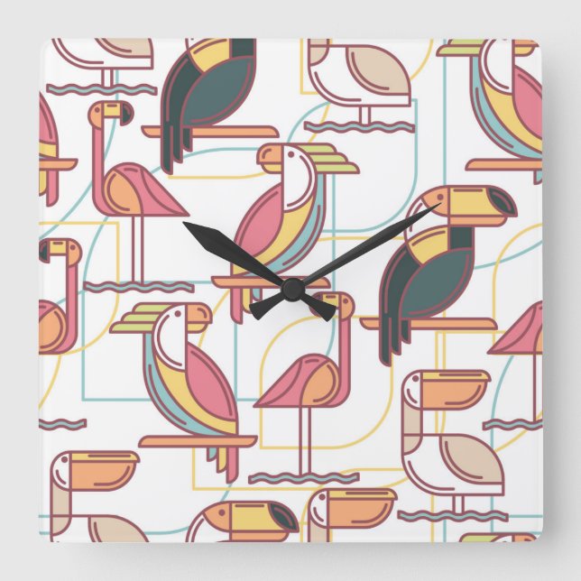 Modern Pattern With Tropical Birds Square Wall Clock (Front)