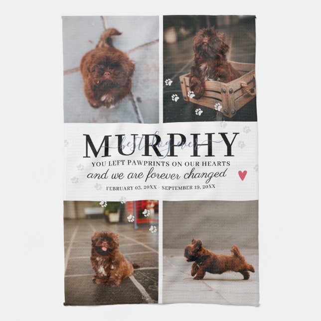 Modern Paw Prints Personalized Pet Memorial Photo Kitchen Towel (Vertical)