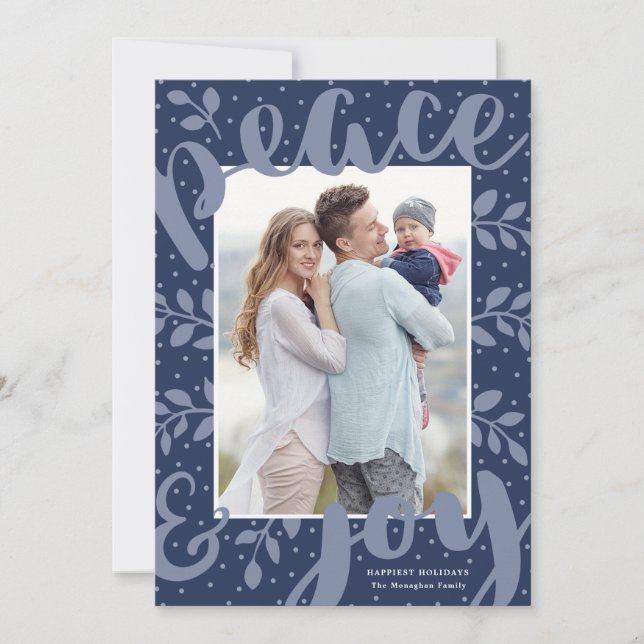 Modern Peace and Joy Stylish Christmas Blue Photo Holiday Card (Front)
