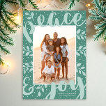 Modern Peace and Joy Stylish Christmas Mint Photo Holiday Card<br><div class="desc">Fun,  modern holiday cards,  featuring creatively placed text,  laurel branches,  and snow dots in shades of mint and green.  The text design reads,  "peace & joy."  The back of the card contains simple,  modern stripes in white and green.</div>
