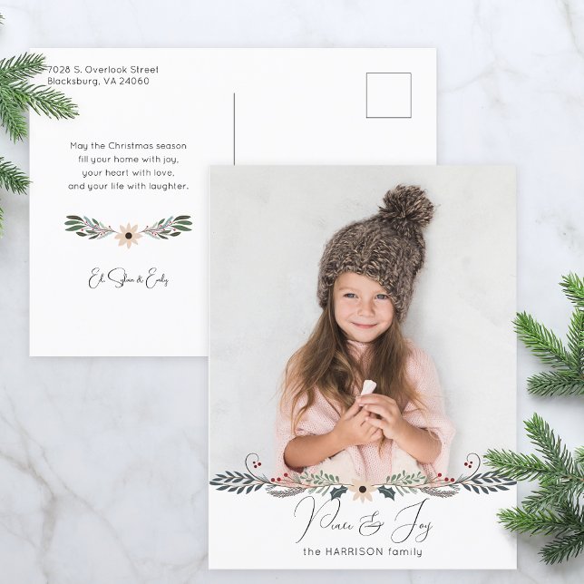 Modern Peace & Joy Christmas Botanical Photo Holiday Postcard (Creator Uploaded)
