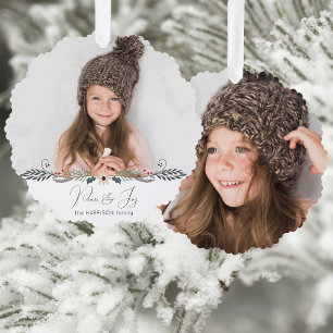 Modern Peace & Joy Christmas Botanical Photo Ornament Card