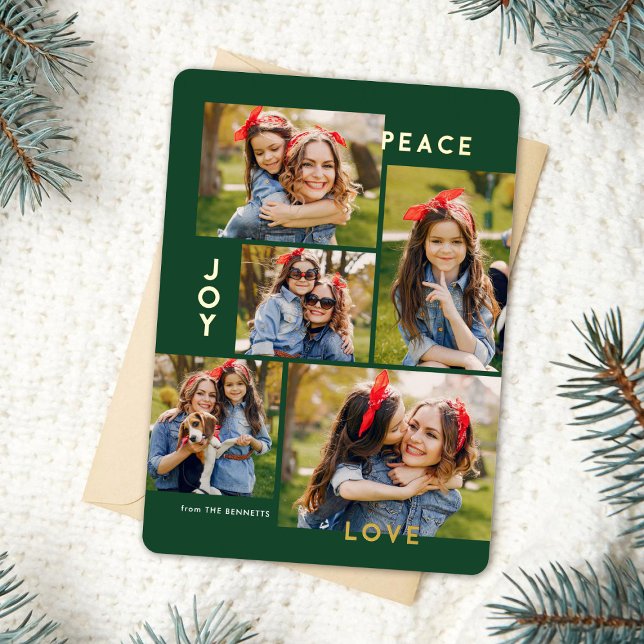 Modern Peace Joy Love Custom Colour Collage  Foil Holiday Card (Creator Uploaded)