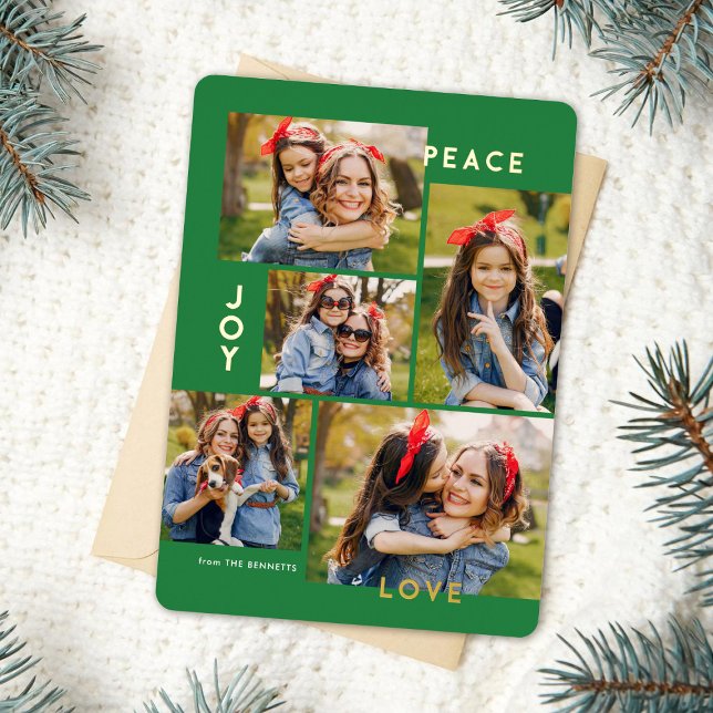 Modern Peace Joy Love Custom Colour Collage  Foil Holiday Card (Creator Uploaded)