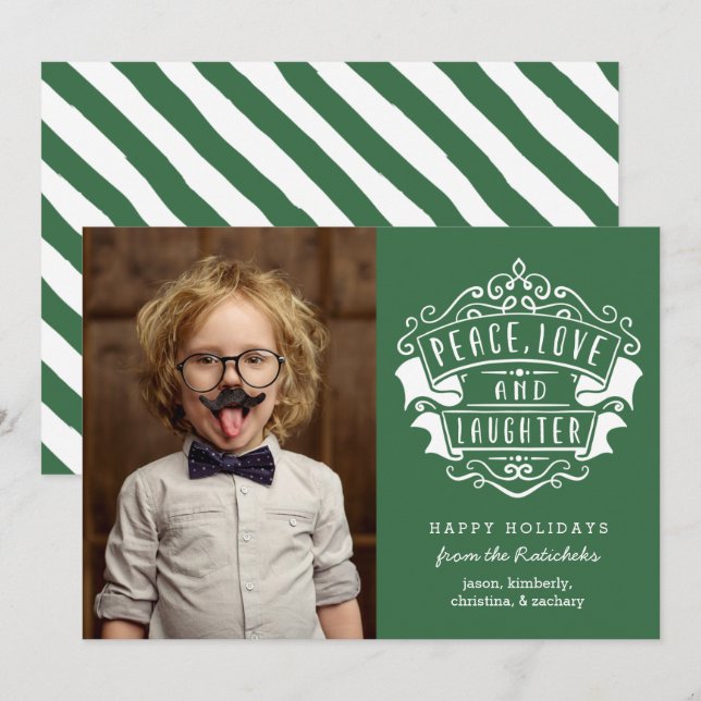 Modern Peace, Love, and Laughter Photo | Green Holiday Card (Front/Back)