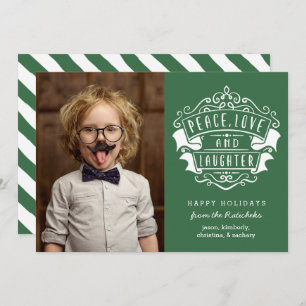 Modern Peace, Love, and Laughter Photo   Green Holiday Card