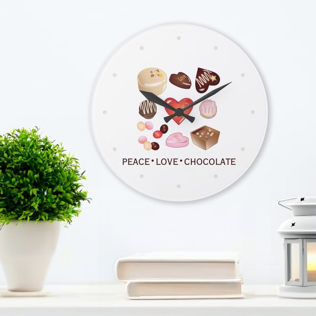 Modern Peace Love Chocolate Candy Heart Large Clock (Creator Uploaded)