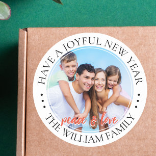 Modern Peace & Love Family Photo New Year Classic Round Sticker