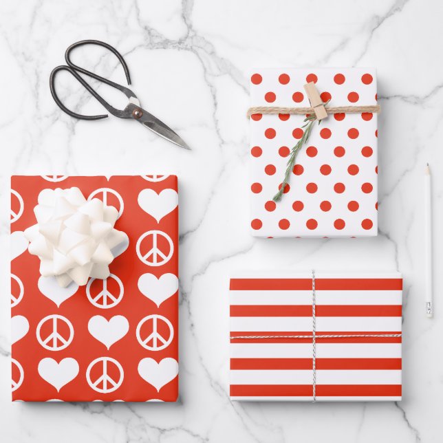 Modern Peace + Love Red White Christmas Holiday  Wrapping Paper Sheet (Front)