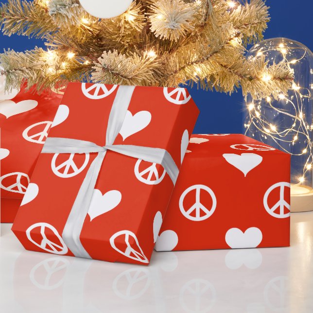 Modern Peace & Love Symbols Minimalist Red Holiday Wrapping Paper (Holidays)
