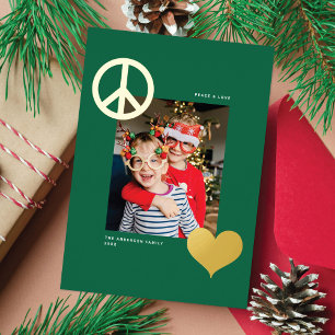 Modern Peace Love Symbols One Photo Green Gold Foil Holiday Card