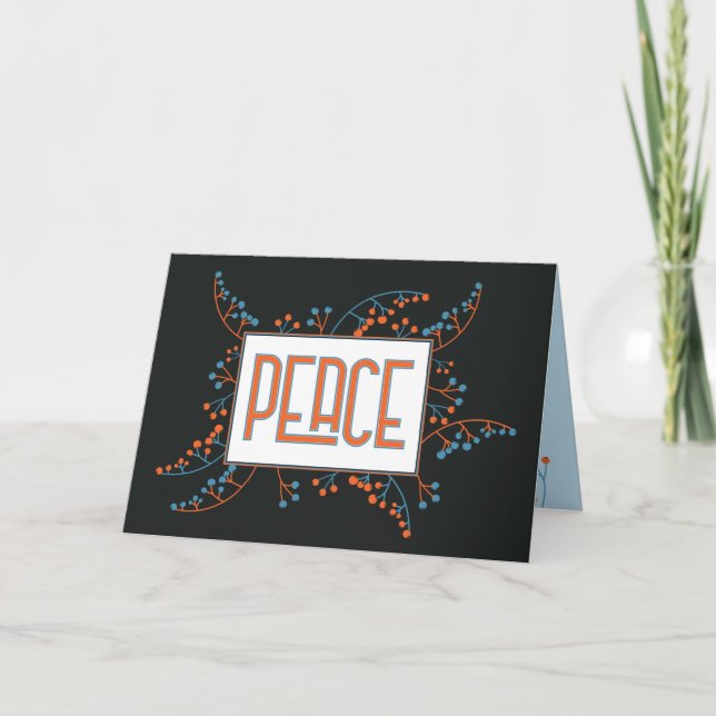 Modern 'PEACE' message orange blue berries Holiday Card (Front)