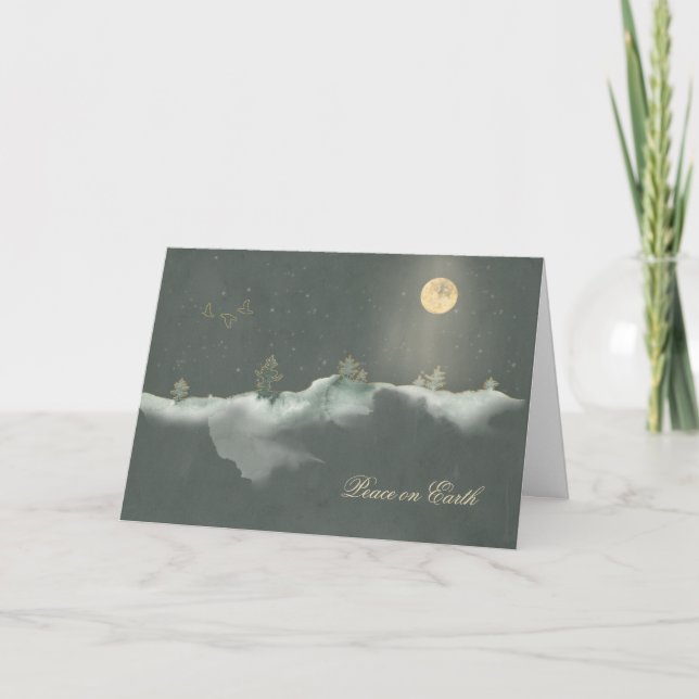 Modern Peace on Earth Moon and Snow Folded Holiday Card (Front)